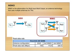 MIMO
MIMO is the abbreviation for Multi Input Multi Output, an antenna technology
that uses multiple antennas for TRx.
 