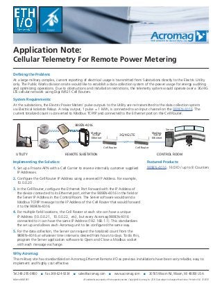 Application Note:
Cellular Telemetry For Remote Power Metering
Defining the Problem:
At a large military complex, current reporting of electrical usage is transmitted from Substations directly to the Electric Utility
only. The Public Works division onsite would like to establish a data collection system of the power usage for energy auditing
and optimizing operations. Due to obstructions and installation restrictions, the telemetry system would operate over a 3G/4G
LTE cellular network using Digi WR21 Cell Routers.
Implementing the Solution:
1. Set up a Private APN with a Cell Carrier to reserve internally customer supplied
IP Addresses.
2. Configure the Cell Router IP Address using a reserved IP Address. For example,
10.0.0.20 .
3. In the Cell Router, configure the Ethernet Port Forward with the IP Address of
the device connected to its Ethernet port, either the 989EN-4016 in the field or
the Server IP Address in the Control Room. The Server software would send a
Modbus TCP/IP message to the IP Address of the Cell Router that would forward
it to the 989EN-4016.
4. For multiple field locations, the Cell Router at each site can have a unique
IP Address (10.0.0.21, 10.0.0.22, etc), but every Acromag 989EN-4016
connected to it can have the same IP Address (192.168.1.1). This standardizes
the set up and allows each Acromag unit to be configured the same way.
5. For the data collection, the Server can request the totalized count from the
989EN-4016 at whatever time interval is desired from hours to days. To do this,
program the Server application software to Open and Close a Modbus socket
with each message exchange.
Featured Products:
989EN-4016, 16 DIO / up to 8 Counters
Tel 248-295-0880 ■ Fax 248-624-9234 ■ sales@acromag.com ■ www.acromag.com ■ 30765 Wixom Rd, Wixom, MI 48393 USA
Why Acromag:
This military site has standardized on Acromag Ethernet Remote I/O as previous installations have been very reliable, easy to
implement and highly cost effective.
System Requirements:
At the substations, the Electric Power Meters’ pulse outputs to the Utility are re-transmitted to the data collection system
via Electrical Isolation Relays. A relay output, 1 pulse = 1 kWh, is connected to an input channel on the 989EN-4016. The
current totalized count is converted to Modbus TCP/IP and connected to the Ethernet port on the Cell Router.
Bulletin #8400-865
REMOTE SUBSTATIONUTILITY CONTROL ROOM
Modbus
TCP/IP
Ethernet
Cell Router
989EN-4016
Cell Router
3G/4G LTE
Modbus
TCP/IP
Ethernet
Server
All trademarks are property of their respective owners. Copyright © Acromag, Inc. 2016. Data subject to change without notice. Printed in USA 01/2016
 