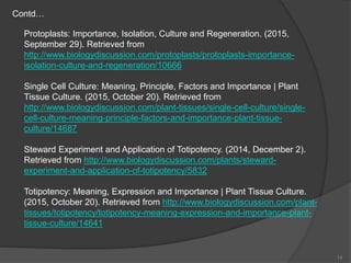 Protoplasts: Importance, Isolation, Culture and Regeneration. (2015,
September 29). Retrieved from
http://www.biologydiscussion.com/protoplasts/protoplasts-importance-
isolation-culture-and-regeneration/10666
Single Cell Culture: Meaning, Principle, Factors and Importance | Plant
Tissue Culture. (2015, October 20). Retrieved from
http://www.biologydiscussion.com/plant-tissues/single-cell-culture/single-
cell-culture-meaning-principle-factors-and-importance-plant-tissue-
culture/14687
Steward Experiment and Application of Totipotency. (2014, December 2).
Retrieved from http://www.biologydiscussion.com/plants/steward-
experiment-and-application-of-totipotency/5832
Totipotency: Meaning, Expression and Importance | Plant Tissue Culture.
(2015, October 20). Retrieved from http://www.biologydiscussion.com/plant-
tissues/totipotency/totipotency-meaning-expression-and-importance-plant-
tissue-culture/14641
Contd…
14
 