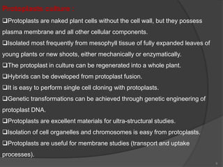 Protoplasts culture :
Protoplasts are naked plant cells without the cell wall, but they possess
plasma membrane and all other cellular components.
Isolated most frequently from mesophyll tissue of fully expanded leaves of
young plants or new shoots, either mechanically or enzymatically.
The protoplast in culture can be regenerated into a whole plant.
Hybrids can be developed from protoplast fusion.
It is easy to perform single cell cloning with protoplasts.
Genetic transformations can be achieved through genetic engineering of
protoplast DNA.
Protoplasts are excellent materials for ultra-structural studies.
Isolation of cell organelles and chromosomes is easy from protoplasts.
Protoplasts are useful for membrane studies (transport and uptake
processes).
9
 