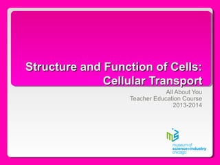 Structure and Function of Cells:Structure and Function of Cells:
Cellular TransportCellular Transport
All About You
Teacher Education Course
2013-2014
 