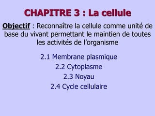 CHAPITRE 3 : La cellule
2.1 Membrane plasmique
2.2 Cytoplasme
2.3 Noyau
2.4 Cycle cellulaire
Objectif : Reconnaître la cellule comme unité de
base du vivant permettant le maintien de toutes
les activités de l’organisme
 