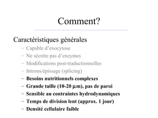 Comment?
Caractéristiques générales
– Capable d’exocytose
– Ne sécrète pas d’enzymes
– Modifications post-traductionnelles
– Introns/épissage (splicing)
– Besoins nutritionnels complexes
– Grande taille (10-20 µm), pas de paroi
– Sensible au contraintes hydrodynamiques
– Temps de division lent (approx. 1 jour)
– Densité cellulaire faible
 