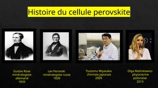 Histoire du cellule perovskite
Gustav Rose
minéralogiste
allemand
1839
Lev Perovski
minéralogiste russe
1839
Tsutomu Miyasaka
chimiste japonais
2009
Olga Malinkiewicz
physicienne
polonaise
2013
 