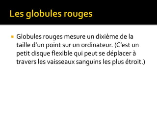 Les globules rougesGlobules rouges mesure un dixième de la taille d’un point sur un ordinateur. (C’est un petit disque flexible qui peut se déplacer à travers les vaisseaux sanguins les plus étroit.)