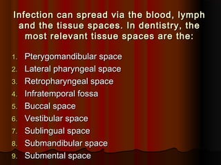 Infection can spread via the blood, lymphInfection can spread via the blood, lymph
and the tissue spaces. In dentistry, theand the tissue spaces. In dentistry, the
most relevant tissue spaces are the:most relevant tissue spaces are the:
1.1. Pterygomandibular spacePterygomandibular space
2.2. Lateral pharyngeal spaceLateral pharyngeal space
3.3. Retropharyngeal spaceRetropharyngeal space
4.4. Infratemporal fossaInfratemporal fossa
5.5. Buccal spaceBuccal space
6.6. Vestibular spaceVestibular space
7.7. Sublingual spaceSublingual space
8.8. Submandibular spaceSubmandibular space
9.9. Submental spaceSubmental space
 