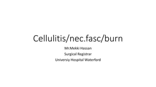 Cellulitis/nec.fasc/burn
Mr.Mekki Hassan
Surgical Registrar
Universiy Hospital Waterford
 
