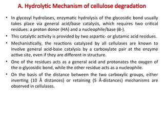 A. Hydrolytic Mechanism of cellulose degradation
• In glycosyl hydrolases, enzymatic hydrolysis of the glycosidic bond usually
takes place via general acid/base catalysis, which requires two critical
residues: a proton donor (HA) and a nucleophile/base (B-).
• This catalytic activity is provided by two aspartic- or glutamic acid residues.
• Mechanistically, the reactions catalyzed by all cellulases are known to
involve general acid-base catalysis by a carboxylate pair at the enzyme
active site, even if they are different in structure.
• One of the residues acts as a general acid and protonates the oxygen of
the o-glycosidic bond, while the other residue acts as a nucleophile.
• On the basis of the distance between the two carboxylic groups, either
inverting (10 Å distances) or retaining (5 Å-distances) mechanisms are
observed in cellulases.
 