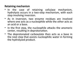 Retaining mechanism
• In the case of retaining cellulase mechanism,
hydrolysis occurs in a two-step mechanism, with each
step involving inversion.
• As in inversion, two enzyme residues are involved
where one acts as a nucleophile while the other acts as
an acid or a base.
• In the first step, the nucleophile attacks the anomeric
center, resulting in deprotonation.
• The deprotonated carboxylate then acts as a base in
the next step that assists nucleophilic water in forming
the hydrolyzed product.
 
