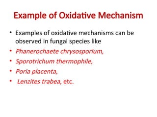 Example of Oxidative Mechanism
• Examples of oxidative mechanisms can be
observed in fungal species like
• Phanerochaete chrysosporium,
• Sporotrichum thermophile,
• Poria placenta,
• Lenzites trabea, etc.
 
