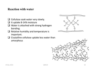 24 Dec 2014 100510 19
Reaction with water
 Cellulose soak water very slowly.
 It uptake 8-14% moisture
 Water is attached with strong hydrogen
bonding.
 Relative humidity and temperature is
important.
 Crystalline cellulose uptake less water than
amorphous
 