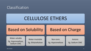 Classification
CELLULOSE ETHERS
Based on Solubility
Water-soluble
Eg. Hypromellose,
Sodium CMC
Water-insoluble
Eg. Ethylcellulose
Based on Charge
Non-ionic
Eg. Hypromellose
Anionic
Eg. Sodium CMC
09-10-2014 6
 