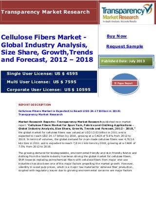 REPORT DESCRIPTION
Cellulose Fibers Market is Expected to Reach USD 24.17 Billion in 2018:
Transparency Market Research
Market Research Reports : Transparency Market Research published new market
report "Cellulose Fibers Market for Spun Yarn, Fabrics and Clothing Applications -
Global Industry Analysis, Size Share, Growth, Trends and Forecast, 2012 - 2018,"
the global market for cellulose fibers was valued at USD 12.63 billion in 2011 and is
expected to reach USD 24.17 billion by 2018, growing at a CAGR of 9.8% from 2012 to
2018. In terms of volumes, the global demand for man-made cellulose fibers was 4,763.6
kilo tons in 2011 and is expected to reach 7,814.1 kilo tons by 2018, growing at a CAGR of
7.5% from 2012 to 2018.
The growing demand for biodegradable, environmental friendly and skin friendly fabrics and
clothing from the textile industry has been driving the global market for cellulose fibers.
Shift towards replacing petrochemical fibers with cellulose fibers from major end-use
industries has also been one of the major factors propelling the market growth. However,
volatility in wood pulp prices, which is a major raw material for cellulose fiber production,
coupled with regulatory issues due to growing environmental concerns are major factors
Transparency Market Research
Cellulose Fibers Market -
Global Industry Analysis,
Size Share, Growth,Trends
and Forecast, 2012 – 2018
Single User License: US $ 4595
Multi User License: US $ 7595
Corporate User License: US $ 10595
Buy Now
Request Sample
Published Date: July 2013
72 Pages Report
 