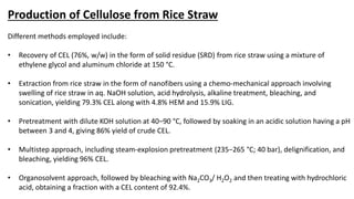 Production of Cellulose from Rice Straw
Different methods employed include:
• Recovery of CEL (76%, w/w) in the form of so...
