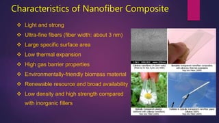  Light and strong
 Ultra-fine fibers (fiber width: about 3 nm)
 Large specific surface area
 Low thermal expansion
 High gas barrier properties
 Environmentally-friendly biomass material
 Renewable resource and broad availability
 Low density and high strength compared
with inorganic fillers
Characteristics of Nanofiber Composite
 