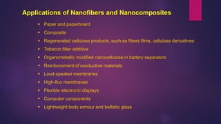 Applications of Nanofibers and Nanocomposites
 Paper and paperboard
 Composite
 Regenerated cellulose products, such as fibers films, cellulose derivatives
 Tobacco filter additive
 Organometallic modified nanocellulose in battery separators
 Reinforcement of conductive materials
 Loud-speaker membranes
 High-flux membranes
 Flexible electronic displays
 Computer components
 Lightweight body armour and ballistic glass
 