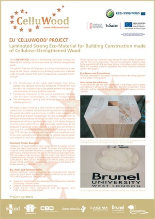 EU ‘CELLUWOOD’ PROJECT
Laminated Strong Eco-Material for Building Construction made
of Cellulose-Strengthened Wood
The CELLUWOOD project is developing laminated strong Eco-
Materials for building construction made of cellulose-strengthened
wood.
The specific objective of the project is to bring into existence a new
range of low carbon, reliably strong building construction materials
made of wood sourced from well managed and sustainable forests,
through:
• The introduction of the (new) technologies from other
sectors (e.g. cellulose velvet, bio-composite reinforcement and
bio-resin) for innovative uses in the defect removal and repairing,
and lamination of strong building materials
• Facilitating innovation in the use of nano/micro cellulose
and bio-resin technologies in timber re-engineering
• The development, testing and demonstration of the novel
initiative products.
The major output would be a new market for laminated wood in
construction: Eco-beams and columns and production technologies.
This would stimulate rural economies in all EU states and promote
the planting and good management of new woodland, with its
attendant environmental benefits. The clear result of this market’s
emergence would be a significant reduction in the carbon footprint
of construction within the EU and, eventually, world wide, as the
proposed engineered timber became a viable and cost-effective
substitute for conventional strong construction materials that are
high CO2 emitters during manufacture. A further beneficial result
of the new material’s emergence would be greatly reduced water
consumption in both the manufacturing and construction phases.
Structural Timber Boarding
Utilization of small diameter and underutilized European grown
timber has been investigated in detail. Processes and performance
in use of small diameter wood on European, national and regional
levels from a practical and technical point of view have been described.
The tree types under discussion for the project are sweet chestnut
(Castanea sativa), Douglas fir (Pseudotsuga menziesii), European larch
(Larix decidua Mill), spruce, Norway spruce (Picea abies), and Sitka
spruce (Picea sitchensis). Additionally, preliminary processing for
timber boarding is defined.
Bio- Resin and Reinforcements
Different adhesion systems based on raw materials from natural
resources have been studied for their suitability to be used in
CELLUWOOD products. They include:
• Systems of condensed tannin extracted from Quebracho Colorado
(Schinopsis Lorentzii) trees.
• Systems of condensed tannin from pine trees.
• Kraft Lignin from hardwood and softwood, and
CNSL (Cashew nut shell liquid).
These natural raw materials were tested for their ability to perform
cold or hot curing processes. The various adhesion systems were
firstly evaluated with the lap shear testing in accordance with relevant
EN or ISO standards and then applied to the timber boarding materials
used in this project.
Eco-Beams and Eco-columns
The core materials for eco-beams and eco-columns are being proposed
at this stage of the project.
Alternative bio-adhesives
A nanocellulose gel has been developed in the project and is tested
with different adhesives to study their bonding properties. These
adhesives will be used for the production of the eco-beams and eco-
columns.
Photo 1: Glulam. The CELLUWOOD materials will be more ecological and will
have a better mechanical strength than glulam. Source: AIDIMA
Photo 2: Nanocellulose gel fabricated by Brunel University. Source: Brunel University
Project partners
www.celluwood.com
Miguel Ángel Abián (AIDIMA)
 