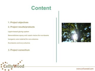 1. Project objectives
2. Project results/products
Lignin-based gluing system
Nanocellulose epoxy and casein resins for eco-beams
Inorganic core material for eco-columns
Eco-beams and eco-columns
Content
3. Project consortium
 