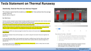www.amphenol.com
Tesla Statement on Thermal Runaway
https://insideevs.com/news/584722/tesla-car-fires-statistic-2021/
Statistically, Tesla Car Fires Are Less And Less Frequent
The company reports that fire incidents are 11x lower for Tesla vehicles than the average
vehicle in the US.
May 09, 2022 at 2:25pm ET
By: Mark Kane
Tesla has recently revealed its latest Vehicle Fire Data provided for the period 2012-2021, which indicates another
year of improvement in the reduction of fire incidents per driving distance.
According to the company, during the 2012-2021 period, there was roughly one Tesla vehicle fire for every 210
million miles traveled (compared to 205 million miles in 2012-2020 period).
It's great news. We also must remember that not all of the fires were caused by Tesla cars, as the manufacturer's
data set includes instances of vehicle fires caused by structure fires, arson, and other things unrelated to the
vehicle to make "an apt comparison" to the National Fire Protection Association (NFPA) data.
According to the NFPA, the national average for vehicle fires remains at the same level of one fire per 19 million
miles traveled.
The difference between Tesla and the average is 11:1, which is a big win not only for Tesla, but in general, for
electric cars.
In the new 2021 Impact Report, Tesla revealed also the data in a different way, that from 202o to 2021, there
were approximately five Tesla vehicle fires for every billion miles traveled, while the national average for all
vehicles is 53.
The company notes that the media often reports on an EV fire, chasing clicks, while in reality, there are vastly
fewer Tesla vehicle fires per distance unit.
• Tesla data includes instances of vehicle fires caused by structure
fires, arson, and other things unrelated to the vehicle
• NFPA average for the US includes all cars, also old
 