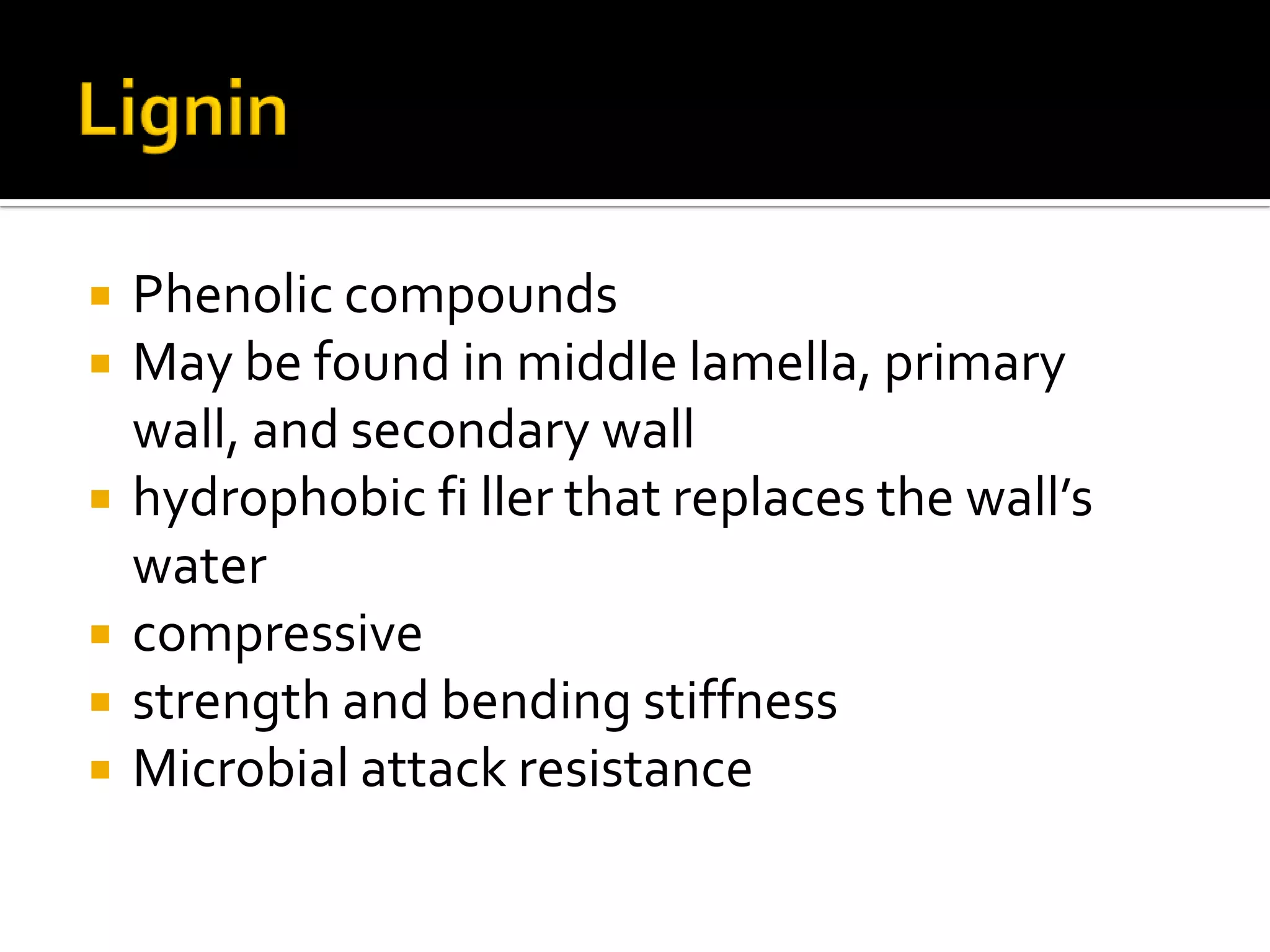 LigninPhenolic compoundsMay be found in middle lamella, primary wall, and secondary wallhydrophobic filler that replaces the wall’s watercompressivestrength and bending stiffnessMicrobial attack resistance