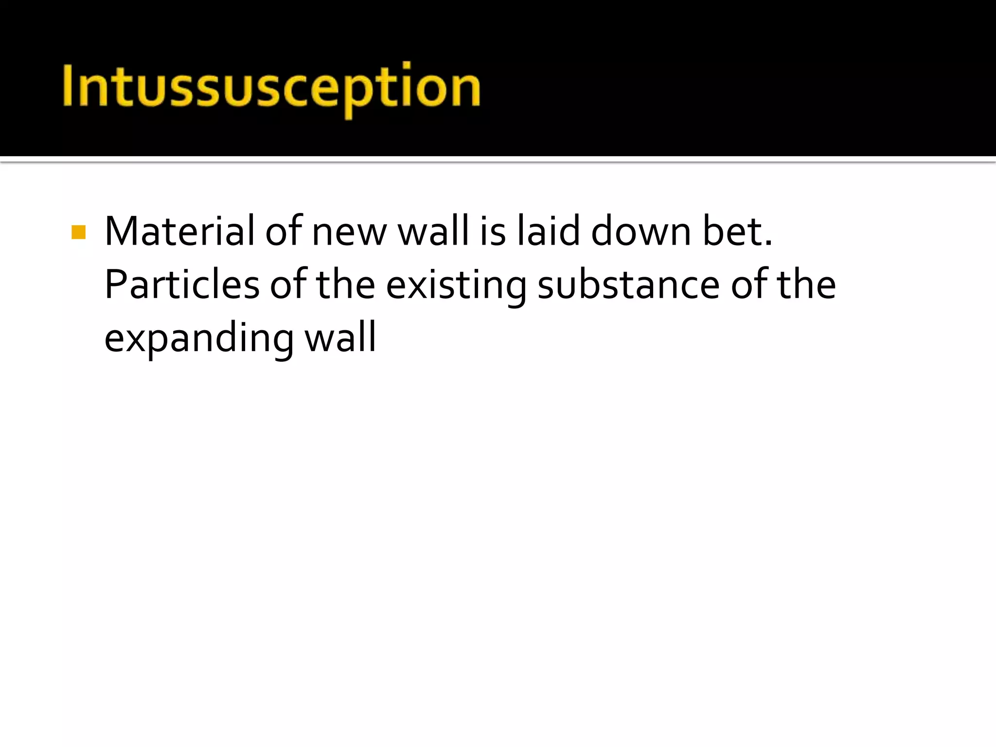 IntussusceptionMaterial of new wall is laid down bet. Particles of the existing substance of the expanding wall