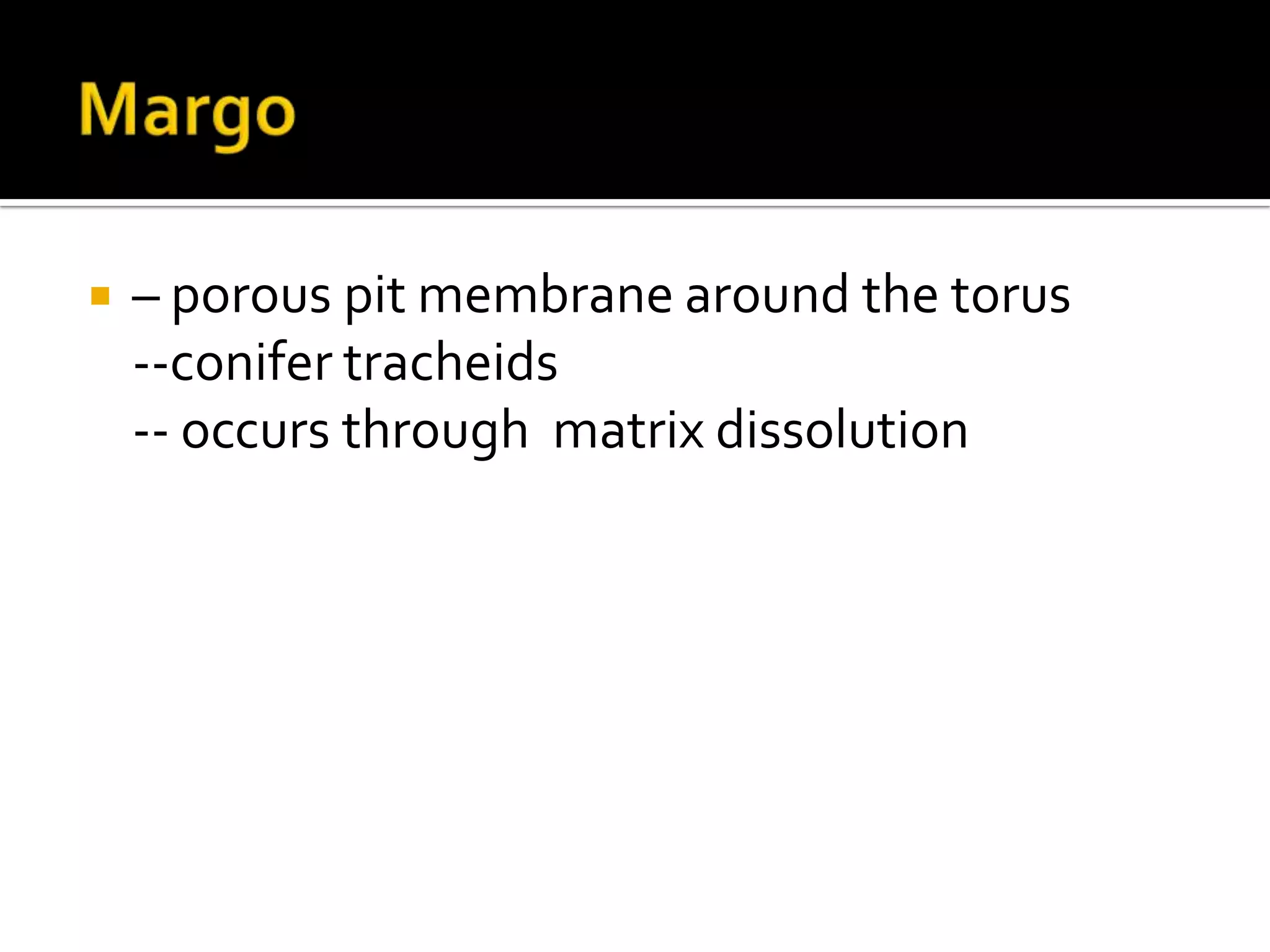 Margo– porous pit membrane around the torus	--conifer tracheids	-- occurs through  matrix dissolution