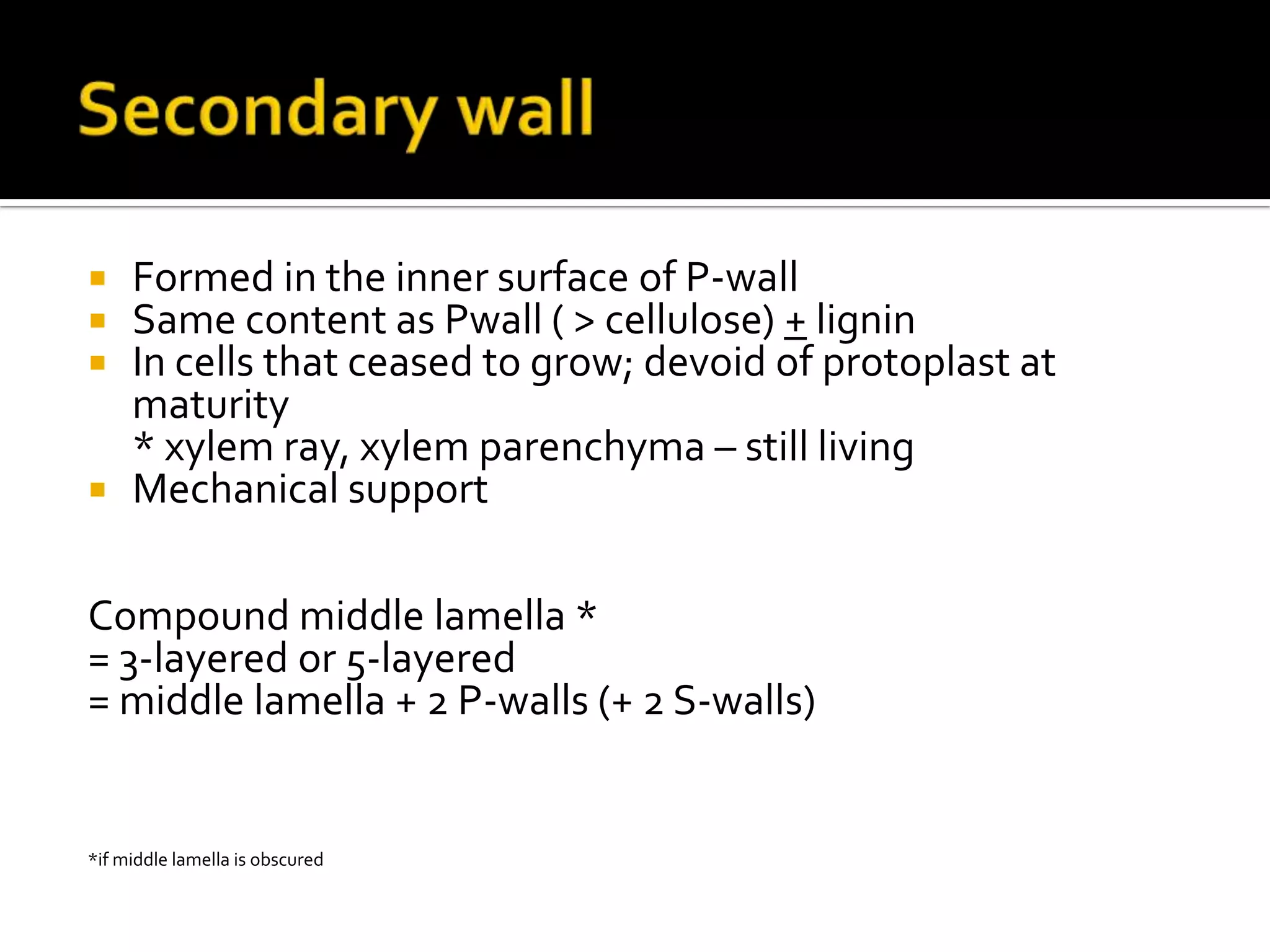 Secondary wallFormed in the inner surface of P-wallSame content as Pwall ( > cellulose) + ligninIn cells that ceased to grow; devoid of protoplast at maturity	* xylem ray, xylem parenchyma – still livingMechanical supportCompound middle lamella *= 3-layered or 5-layered= middle lamella + 2 P-walls (+ 2 S-walls)*if middle lamella is obscured