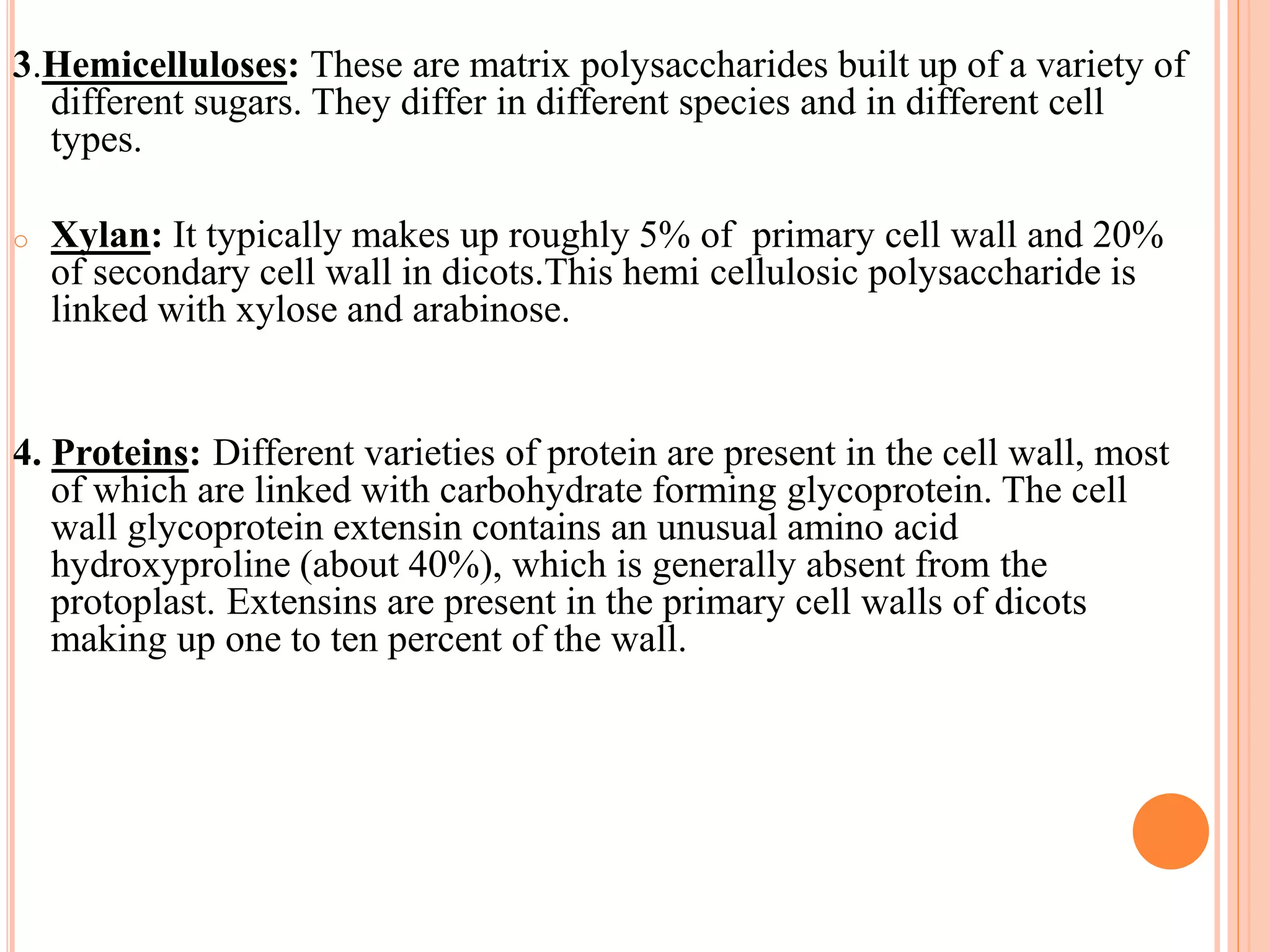 3.Hemicelluloses: These are matrix polysaccharides built up of a variety of
different sugars. They differ in different species and in different cell
types.
o Xylan: It typically makes up roughly 5% of primary cell wall and 20%
of secondary cell wall in dicots.This hemi cellulosic polysaccharide is
linked with xylose and arabinose.
4. Proteins: Different varieties of protein are present in the cell wall, most
of which are linked with carbohydrate forming glycoprotein. The cell
wall glycoprotein extensin contains an unusual amino acid
hydroxyproline (about 40%), which is generally absent from the
protoplast. Extensins are present in the primary cell walls of dicots
making up one to ten percent of the wall.
 
