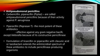 4. Antipseudomonal penicillins
• Carbenicillin, piperacillin (Piptaz) – are called
antipseudomonal penicillins because of their activity
against P. aeruginosa
• Piperacillin (Peprasan T)- the most potent of these
antibiotics
- effective against any gram negative bacilli,
except klebsiella because of its constructive penicillinase
• Formulation of ticarcillin or piperacillin with clavunic acid
or tazobactam extends the antimicrobial spectrum of
these antibiotics to include penicillinase-producing
organisms
 