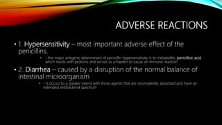 ADVERSE REACTIONS
• 1. Hypersensitivity – most important adverse effect of the
penicillins.
• - the major antigenic determinant of penicillin hypersensitivity is its metabolite, penicilloic acid
which reacts with proteins and serves as a hapten to cause an immune reaction
• 2. Diarrhea – caused by a disruption of the normal balance of
intestinal microorganism
• - it occurs to a greater extent with those agents that are incompletely absorbed and have an
extended antibacterial spectrum
 