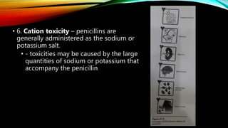 • 6. Cation toxicity – penicillins are
generally administered as the sodium or
potassium salt.
• - toxicities may be caused by the large
quantities of sodium or potassium that
accompany the penicillin
 