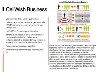 CellWish Business
Los modelos de negocios que surgen
Del uso de estas herramientas permitirá a la
PYMES comprometerse con su clientes en
tiempo real.
La CellWish Premium permitirá a las
Empresas interesadas crear un nuevo canal
permitiendo visibilidad de la marca
,estadísticas sobre espectadores y emisiones
sumado a un soporte técnico profesional.
Pueden ser empresas de eventos                 Es un hecho. Con este infográfico queda bien claro que
                                               las forma en que las empresas se relacionan con sus
distribuidoras de contenidos audiovisuales     clientes se ha visto forzada a evolucionar desde una
etc.                                           simple venta, a un diálogo que conecta con la
                                               audiencia, ya no cliente. Desde las grandes campañas,
                                               a pequeños actos de interacción. Desde un total control
                                               del mensaje, a una transparencia y relevancia en la
                                               versatilidad de los contenidos. Desde la dificultad de
                                               acceder a la información y los servicios de atención, a
                                               una total disponibilidad en la que la voz de la audiencia
                                               se hace permanente e importante.
 