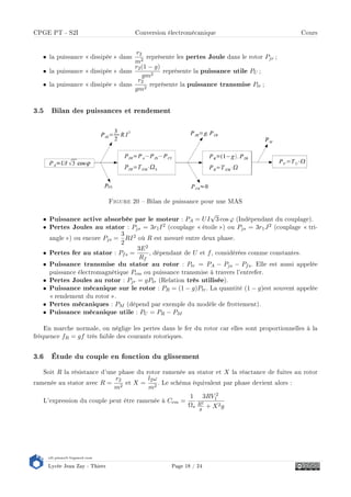 s2i.pinault-bigeard.com
Lycée Jean Zay - Thiers Page 18 / 24
CPGE PT - S2I Conversion électromécanique Cours
• la puissance  dissipée  dans
r2
m2
représente les pertes Joule dans le rotor Pjr ;
• la puissance  dissipée  dans
r2(1 − g)
gm2
représente la puissance utile PU ;
• la puissance  dissipée  dans
r2
gm2
représente la puissance transmise Ptr ;
3.5 Bilan des puissances et rendement
Figure 20  Bilan de puissance pour une MAS
• Puissance active absorbée par le moteur : PA = UI
√
3 cos ϕ (Indépendant du couplage).
• Pertes Joules au stator : Pjs = 3r1I2 (couplage  étoile ) ou Pjs = 3r1J2 (couplage  tri-
angle ) ou encore Pjs =
3
2
RI2 où R est mesuré entre deux phase.
• Pertes fer au stator : Pfs =
3E2
Rf
, dépendant de U et f, considérées comme constantes.
• Puissance transmise du stator au rotor : Ptr = PA − Pjs − Pfs. Elle est aussi appelée
puissance électromagnétique Pem ou puissance transmise à travers l'entrefer.
• Pertes Joules au rotor : Pjr = gPtr (Relation très utilisée).
• Puissance mécanique sur le rotor : PR = (1 − g)Ptr. La quantité (1 − g)est souvent appelée
 rendement du rotor .
• Pertes mécaniques : PM (dépend par exemple du modèle de frottement).
• Puissance mécanique utile : PU = PR − PM
En marche normale, on néglige les pertes dans le fer du rotor car elles sont proportionnelles à la
fréquence fR = gf très faible des courants rotoriques.
3.6 Étude du couple en fonction du glissement
Soit R la résistance d'une phase du rotor ramenée au stator et X la réactance de fuites au rotor
ramenée au stator avec R =
r2
m2
et X =
l2ω
m2
. Le schéma équivalent par phase devient alors :
L'expression du couple peut être ramenée à Cem =
1
Ωs
3RV 2
1
R2
g + X2g
 