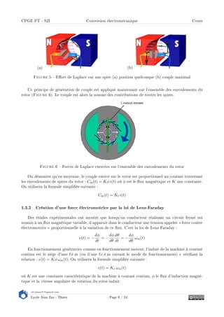 s2i.pinault-bigeard.com
Lycée Jean Zay - Thiers Page 6 / 24
CPGE PT - S2I Conversion électromécanique Cours
Figure 5  Eort de Laplace sur une spire (a) position quelconque (b) couple maximal
Ce principe de génération de couple est appliqué maintenant sur l'ensemble des enroulements du
rotor (Figure 6). Le couple est alors la somme des contributions de toutes les spires.
Figure 6  Forces de Laplace exercées sur l'ensemble des enroulements du rotor
On démontre qu'en moyenne, le couple exercé sur le rotor est proportionnel au courant traversant
les enroulements de spires du rotor : Cm(t) = Kφ i(t) où φ est le ux magnétique et K une constante.
On utilisera la formule simpliée suivante :
Cm(t) = Kt i(t)
1.3.2 Création d'une force électromotrice par la loi de Lenz-Faraday
Des études expérimentales ont montré que lorsqu'un conducteur réalisant un circuit fermé est
soumis à un ux magnétique variable, il apparait dans le conducteur une tension appelée  force contre
électromotrice  proportionnelle à la variation de ce ux. C'est la loi de Lenz-Faraday :
e(t) = −
dφ
dt
= −
dφ
dθ
dθ
dt
= −
dφ
dθ
ωm(t)
En fonctionnement génératrice comme en fonctionnement moteur, l'induit de la machine à courant
continu est le siège d'une f.é.m (ou d'une f.c.é.m suivant le mode de fonctionnement) e vériant la
relation : e(t) = Kφ ωm(t). On utilisera la formule simpliée suivante :
e(t) = Ke ωm(t)
où K est une constante caractéristique de la machine à courant continu, φ le ux d'induction magné-
tique et la vitesse angulaire de rotation du rotor-induit.
 