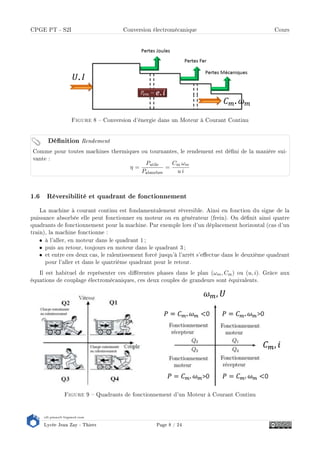 s2i.pinault-bigeard.com
Lycée Jean Zay - Thiers Page 8 / 24
CPGE PT - S2I Conversion électromécanique Cours
Figure 8  Conversion d'énergie dans un Moteur à Courant Continu
Comme pour toutes machines thermiques ou tournantes, le rendement est déni de la manière sui-
vante :
η =
Putile
Pabsorbee
=
Cm ωm
u i
Dénition Rendement
1.6 Réversibilité et quadrant de fonctionnement
La machine à courant continu est fondamentalement réversible. Ainsi en fonction du signe de la
puissance absorbée elle peut fonctionner en moteur ou en générateur (frein). On dénit ainsi quatre
quadrants de fonctionnement pour la machine. Par exemple lors d'un déplacement horizontal (cas d'un
train), la machine fonctionne :
• à l'aller, en moteur dans le quadrant 1;
• puis au retour, toujours en moteur dans le quadrant 3 ;
• et entre ces deux cas, le ralentissement forcé jusqu'à l'arrêt s'eectue dans le deuxième quadrant
pour l'aller et dans le quatrième quadrant pour le retour.
Il est habituel de représenter ces diérentes phases dans le plan (ωm, Cm) ou (u, i). Grâce aux
équations de couplage électromécaniques, ces deux couples de grandeurs sont équivalents.
Figure 9  Quadrants de fonctionnement d'un Moteur à Courant Continu
 