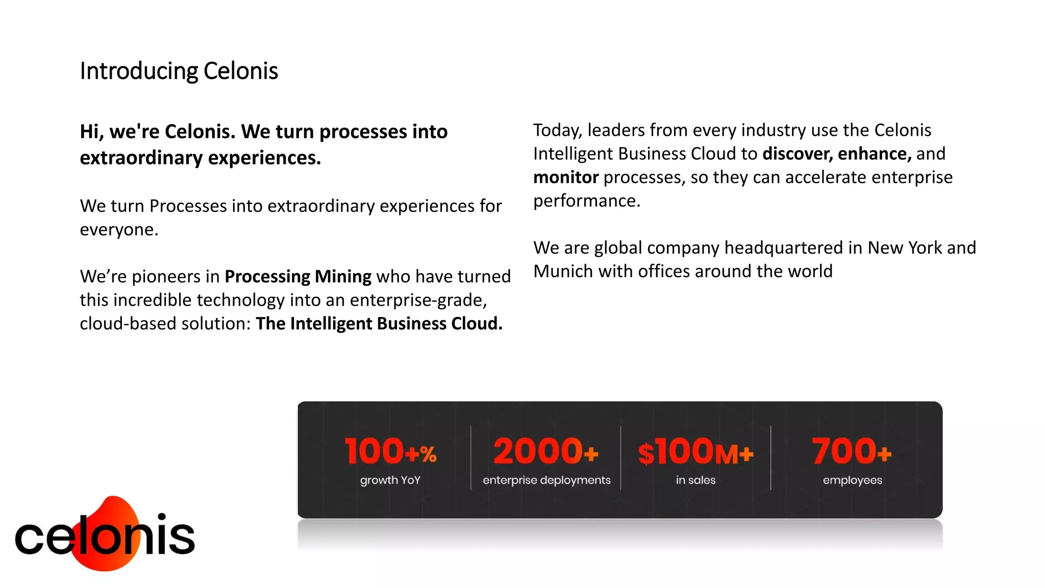 Introducing Celonis
Hi, we're Celonis. We turn processes into
extraordinary experiences.
We turn Processes into extraordinary experiences for
everyone.
We’re pioneers in Processing Mining who have turned
this incredible technology into an enterprise-grade,
cloud-based solution: The Intelligent Business Cloud.
Today, leaders from every industry use the Celonis
Intelligent Business Cloud to discover, enhance, and
monitor processes, so they can accelerate enterprise
performance.
We are global company headquartered in New York and
Munich with offices around the world
 