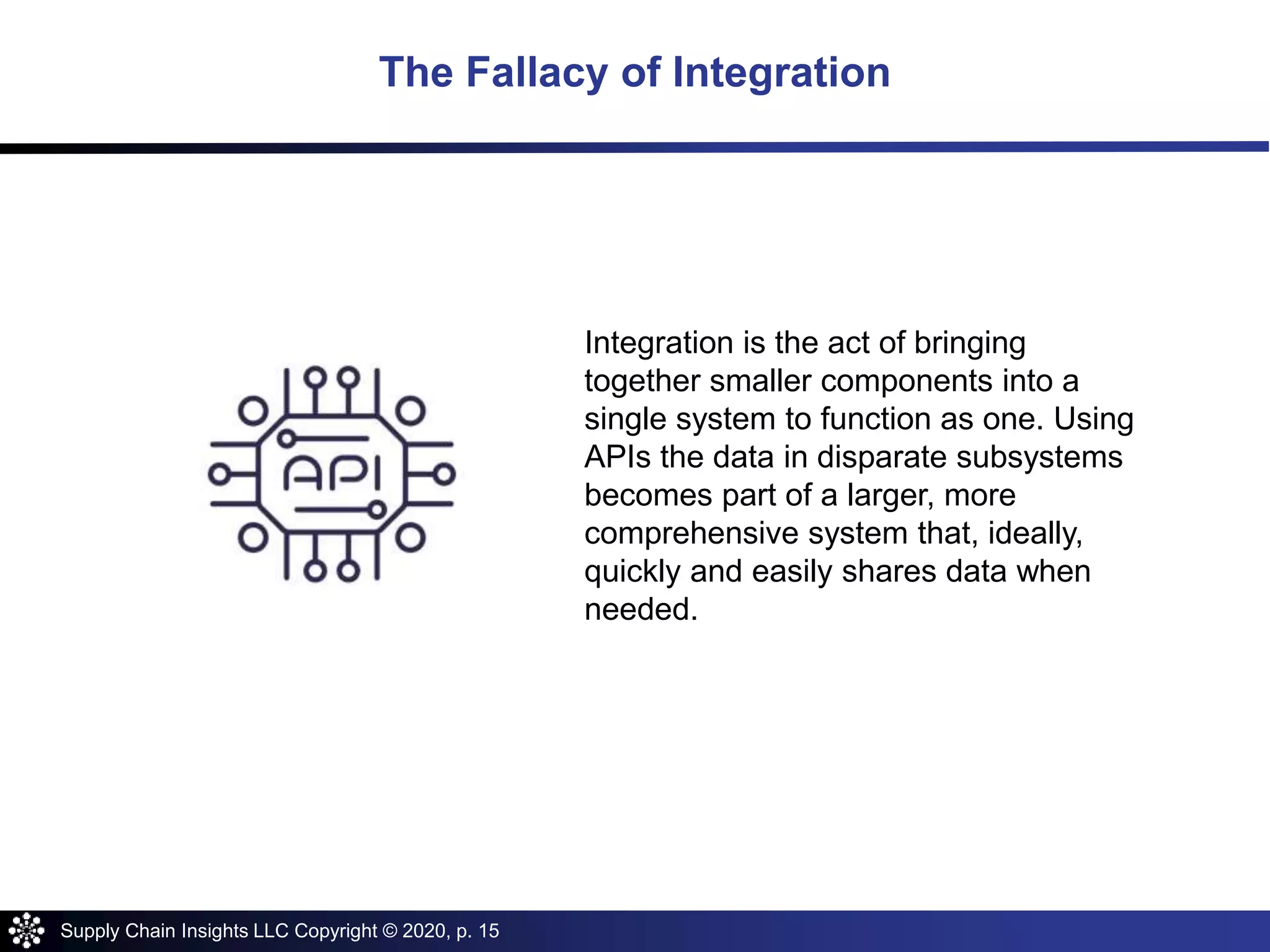 Supply Chain Insights LLC Copyright © 2020, p. 15
The Fallacy of Integration
Integration is the act of bringing
together smaller components into a
single system to function as one. Using
APIs the data in disparate subsystems
becomes part of a larger, more
comprehensive system that, ideally,
quickly and easily shares data when
needed.
 