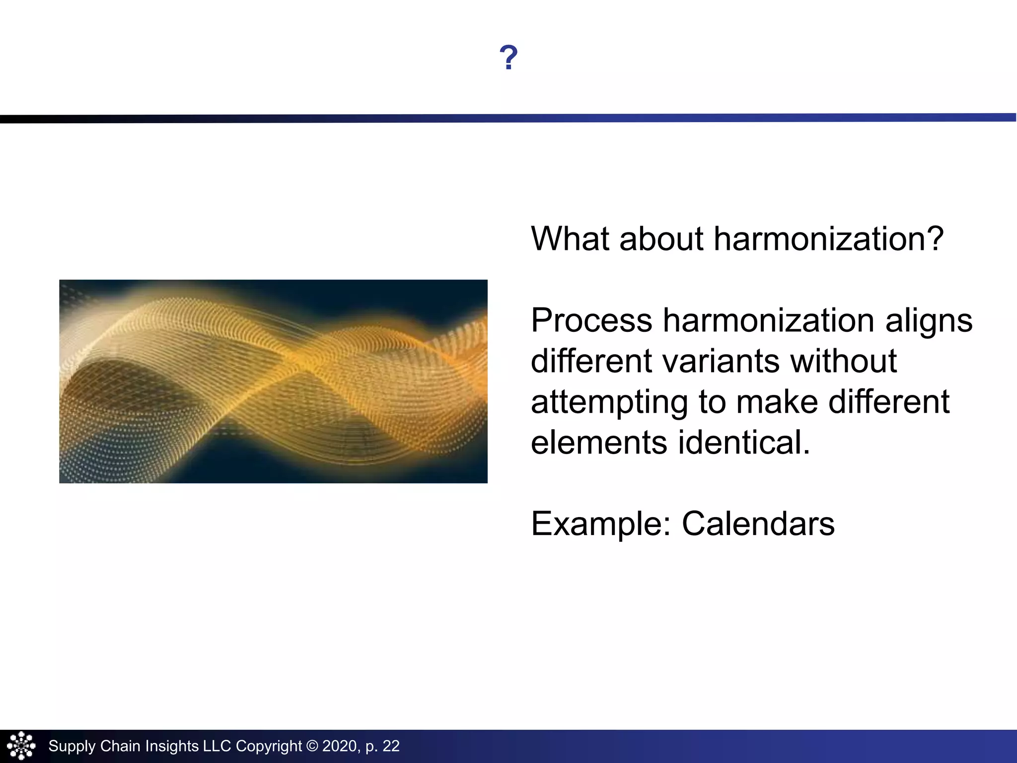 Supply Chain Insights LLC Copyright © 2020, p. 22
?
What about harmonization?
Process harmonization aligns
different variants without
attempting to make different
elements identical.
Example: Calendars
 