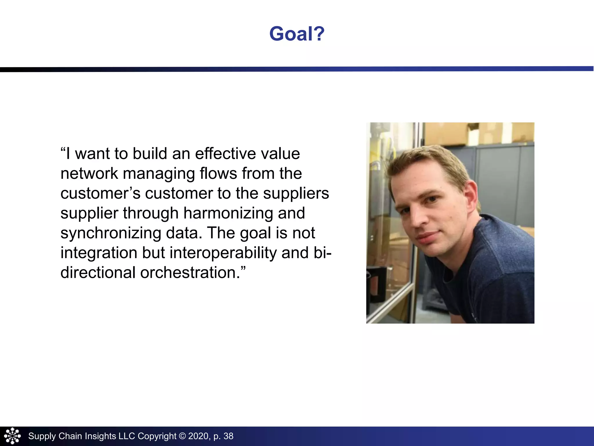 Supply Chain Insights LLC Copyright © 2020, p. 38
Goal?
“I want to build an effective value
network managing flows from the
customer’s customer to the suppliers
supplier through harmonizing and
synchronizing data. The goal is not
integration but interoperability and bi-
directional orchestration.”
 