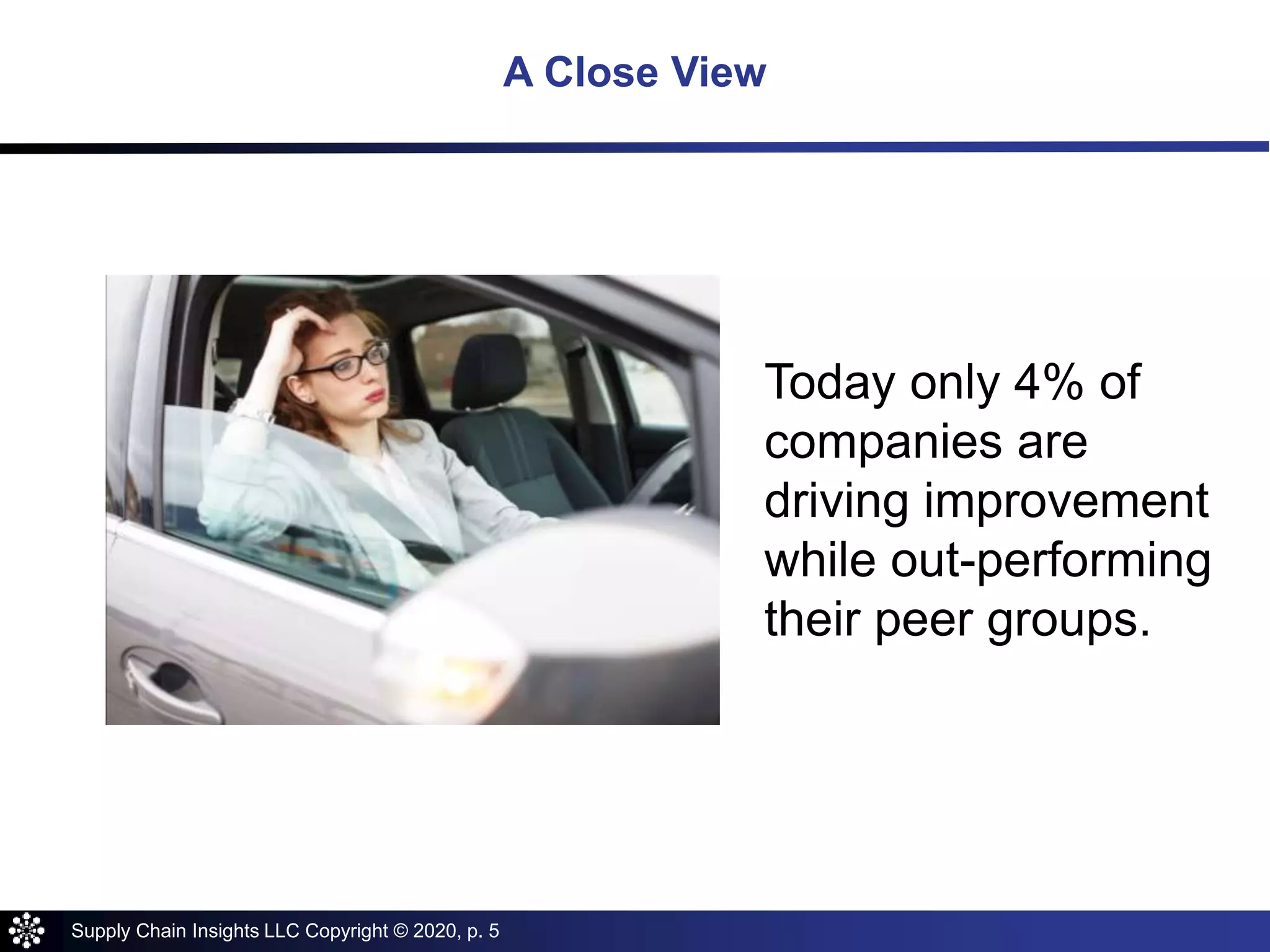 Supply Chain Insights LLC Copyright © 2020, p. 5
A Close View
Today only 4% of
companies are
driving improvement
while out-performing
their peer groups.
 