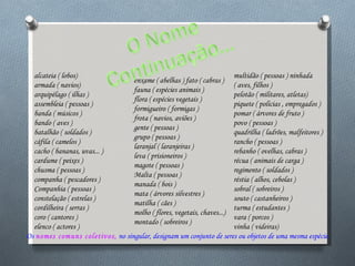 Os  nomes comuns coletivos,  no singular, designam um conjunto de seres ou objetos de uma mesma espécie.  alcateia ( lobos) armada ( navios) arquipélago ( ilhas ) assembleia ( pessoas ) banda ( músicos ) bando ( aves ) batalhão ( soldados )  cáfila ( camelos ) cacho ( bananas, uvas... ) cardume ( peixes ) chusma ( pessoas ) companha ( pescadores ) Companhia ( pessoas ) constelação ( estrelas ) cordilheira ( serras ) coro ( cantores ) elenco ( actores ) enxame ( abelhas )   fato ( cabras ) fauna ( espécies animais ) flora ( espécies vegetais ) formigueiro ( formigas )  frota ( navios, aviões ) gente ( pessoas ) grupo ( pessoas ) laranjal ( laranjeiras ) leva ( prisioneiros ) magote ( pessoas ) Malta ( pessoas ) manada ( bois ) mata ( árvores silvestres ) matilha ( cães ) molho ( flores, vegetais, chaves...) montado ( sobreiros ) multidão ( pessoas )   ninhada ( aves, filhos ) pelotão ( militares, atletas) piquete ( policias , empregados ) pomar ( árvores de fruto ) povo ( pessoas ) quadrilha ( ladrões, malfeitores ) rancho ( pessoas ) rebanho ( ovelhas, cabras ) récua ( animais de carga ) regimento ( soldados ) réstia ( alhos, cebolas ) sobral ( sobreiros ) souto ( castanheiros ) turma ( estudantes ) vara ( porcos ) vinha ( videiras) 