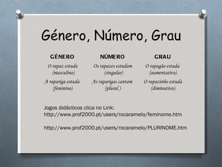 Género, Número, Grau Jogos didácticos clica no Link: http://www.prof2000.pt/users/rocaramelo/feminome.htm http://www.prof2000.pt/users/rocaramelo/PLURINOME.htm GÉNERO NÚMERO GRAU O rapaz estuda (masculino) Os rapazes estudam (singular) O rapagão estuda  (aumentativo) A rapariga estuda  (feminino) As raparigas cantam  (plural ) O rapazinho estuda (diminutivo) 