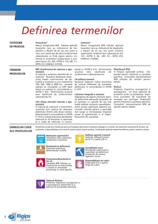 Definirea termenilor
    CATEGORII         Protectone®                                                 Safetone®
                      Marca înregistratì BPB Celotex aplicatì                     Marca înregistratì BPB Celotex aplicatì
    DE PRODUSE
                      tavanelor care au indicatorul de rìs-                       tavanelor care au indicatorul de rìspândire
                      pândire a flìcìrii de 25 sau mai puêin èi                   a flìcìrii de 25 sau mai puêin conform
                      care sunt clasificate de cìtre Underwriters                 clasificìrilor Underwriters Laboratories (UL
                      Laboratories ca fiind sigure pentru uti-                    723; ASTM E 84, UBC 8-1, NFPA 255,
                      lizarea în ansambluri podea-tavan èi aco-                   CAN/ULC - S102M).
                      periè-tavan (UL 263; ASTM E 119, UBC 7-1,
                      NFPA 251, CAN/ULC - S101M).

    TERMENII          NRC (Coeficientul de reducere a zgo-                danêì cu ASTM E 413. Performanêa                     PlastiGuard (PG)
                      motului)                                            acusticì   este    clasificatì de                    O finisare opêionalì acrilicì. Dis-
    PRODUSELOR        O mìsurì a sunetului absorbit de un                 Underwriters Laboratories Inc.                       ponibil pentru folosirea cu produse
                      material. Numìrul desemnat repre-                                                                        specifice. Consultaêi reprezentantul
                      zintì media coeficienêilor de ab-                   LR (reflexia luminii)                                BPB Celotex de vânzìri pentru
                      sorbêie a sunetului a unui material la              Numìrul respectiv indicì procentul                   detalii.
                      250, 500, 1000 èi 2000 Hz. Aceastì                  de luminì reflectatì de suprafaêa
                      valoare se rotunjeète cu 0,05 dacì                  plafonului, în concordanêì cu ASTM                   BioScut
                      testul s-a realizat în concordanêì cu               E 1477.                                              Protecêia împotriva mucegaiului èi
                      ASTM C 423. Performanêa acusticì                                                                         putregaiului. Un strat opêional de
                      este clasificatì de Underwriters                    Culoarea integralì a miezului                        protecêie acrilic ce protejeazì împo-
                      Laboratories Inc.                                   Adìugarea de agenêi coloranêi speci-                 triva punctelor de suprafaêì de
                                                                          ali determinì panourile tavanelor sì                 mucegai sau putregai. Disponibil
                      CAC (Clasa atenuìrii laterale a zgo-                se asorteze cu culorile de cea mai                   pentru folosirea cu produse specifice.
                      motului)                                            înaltì calitate atribuite suprafeêelor.              Consultaêi reprezentantul BPB de
                      O mìsurì de reducere a transmiterii                 Acest proces pìstreazì aspectul pa-                  vânzìri pentru detalii.
                      sunetului prin spaêiul de deasupra                  nourilor colorate pentru o perioadì
                      plafonului dintre cele douì camere,                 mai lungì èi minimizeazì impactul
                      determinatì în concordanêì cu ASTM                  vizual al zgârieturilor èi al imper-
                      E 1414 èi vizând reducerea decibelilor              fecêiunilor de suprafaêì.
                      obêinutì la 16 frecvenêe èi raportatì
                      la o curbì de referinêì, în concor-

    SIMBOLURI CHEIE   Simbolurile vizuale sunt folosite pe parcursul întregului ghid pentru facilitarea înêelegerii èi a folosirii. Ele reprezintì caracteristicile de bazì ale
                      produselor èi disponibilitatea unor anumite opêiuni pentru aceste produse. Urmìtoarele explicaêii reprezintì definirea acestor simboluri vizuale.
    ALE PRODUSELOR
                                    Reducerea zgomotului                                 Reflexie sporitì a luminii
                                    Absorbêie èi/sau atenuare                            Valorile reflexiei luminii
                                    excelentì a sunetului                                de 0,75 èi peste (LR-1)


                                    Rezistenêì la deformare
                                    Garantat împotriva                                   Durabilitate mare
                                    deformìrilor vizibile                                Rezistenêì superioarì a
                                                                                         suprafeêei la defecêiuni
                                                                                         provenite din lovire,
                                                                                         zgâriere, tocire
                                    Protectone/Rezistenêì la
                                    foc UL                                               Disponibilitate de culori
                                    Tavanele BPB Celotex cu                              Disponibil într-o gamì
                                    Protectone au fost testate                           largì de culori
                                    èi listate în ansamble
                                    proiectate în mod specific




                                    Opêiune BioScut
                                    Protecêie împotriva mucegaiului èi
                                    a putregaiului disponibil ca èi
                                    opêiune la produsele selectate




4
 