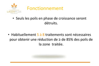 Fonctionnement  Seuls les poils en phase de croissance seront détruits. Habituellement  5 à 8  traitements sont nécessaires pour obtenir une réduction de  ≥  de 85% des poils de la zone  traitée. 