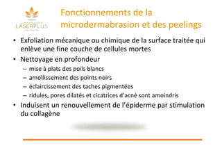 Fonctionnements de la microdermabrasion et des peelings Exfoliation mécanique ou chimique de la surface traitée qui enlève une fine couche de cellules mortes Nettoyage en profondeur  mise à plats des poils blancs amollissement des points noirs éclaircissement des taches pigmentées ridules, pores dilatés et cicatrices d’acné sont amoindris  Induisent un renouvellement de l’épiderme par stimulation du collagène  