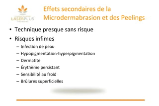 Effets secondaires de la Microdermabrasion et des Peelings Technique presque sans risque Risques infimes  Infection de peau Hypopigmentation-hyperpigmentation Dermatite Érythème persistant Sensibilité au froid Brûlures superficielles 