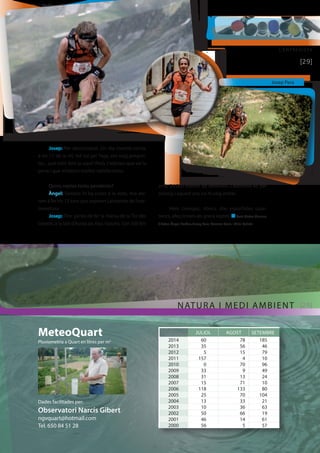 L’ENTREVISTA 
[29] 
Josep: Per descomptat. Un dia mentre corria, 
a les 11 de la nit, tot sol pel Taga, em vaig pregun-tar... 
què estic fent jo aquí? Però, t’adones que val la 
pena i que n’obtens moltes satisfaccions. 
Quins reptes teniu pendents? 
Àngel: Sempre hi ha coses a la vista. Ara ani-rem 
a fer els 15 kms que separen Lanzarote de Fuer-teventura. 
Josep: Tinc ganes de fer la marxa de la Tor des 
Géants, a la Vall d’Aosta als Alps Italians. Són 330 km 
amb 24.000 metres de desnivell. L’admissió és per 
sorteig i aquest any no hi vaig entrar. 
Hem conegut, doncs, dos esportistes quar-tencs, 
afeccionats als grans reptes. n Text: Mateu Ciurana 
/ Fotos: Àngel Bordas, Josep Pera, Gemma Serra i Oriol Batista 
MeteoQuart 
Pluviometria a Quart en litres per m2 
Dades facilitades per: 
Observatori Narcís Gibert 
ngvquart@hotmail.com 
Tel. 650 84 51 28 
NATURA I MEDI AMBIENT [29] 
JULIOL AGOST SETEMBRE 
2014 60 78 185 
2013 35 56 46 
2012 5 15 79 
2011 157 4 10 
2010 0 70 96 
2009 33 9 49 
2008 31 13 24 
2007 15 71 10 
2006 118 133 80 
2005 25 70 104 
2004 13 33 21 
2003 10 36 63 
2002 50 66 19 
2001 46 14 61 
2000 56 5 57 
Josep Pera 
 