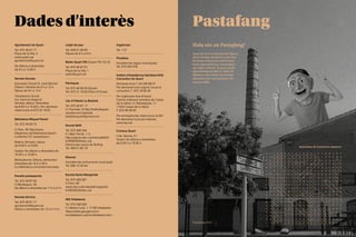 55
54
Pastafang Nº3
Pastafang
Hola sóc en Pastafang!
Aquesta és la xemeneia del Museu
de la Terrissa de Quart i està feta
de totxos massissos amb forma
tronc-piramidal per aconseguir
que sigui rodona. Té una alçada
aproximada de 30m i 1,80m de
diàmetre de la base. És un dels
elements més característics del
nostre poble.
Solucions de l'anterior número:
Ajuntament de Quart
Tel. 972 46 91 71
Plaça de la Vila, 2
www.quart.cat
ajuntament@quart.cat
De dilluns a divendres
de 8 h a 13.30 h.
Serveis Socials
Educador Social Sr. Jordi Barniol
Dilluns i dimarts de 8 h a 15 h.
Dijous de 8 h a 12 h.
Treballadora Social
Sra. Gemma Bragnolí
Dimarts, dijous i divendres
de 8.30 h a 15.30 h. Per demanar
visita trucar al 972 20 19 62
Biblioteca Miquel Pairolí
Tel. 972 46 90 73
C/Tren, 49 http//www.
bibgirona.cat/biblioteca/Quart/
contents/137-presentacio
Matins: Dimarts i dijous
de 9.00 h a13.00h.
Tardes: De dilluns a divendres de
16.30 h a 19.00 h.
Bibliopiscina: Dilluns, dimecres i
divendres de 18 h a 20 h
(La Biblioteca romandrà tancada).
Pavelló poliesportiu
Tel. 972 46 87 84
C/Modeguer, 38
De dilluns a divendres de 17 h a 21 h.
Serveis tècnics
Tel. 972 46 91 71
ajuntament@quart.cat
Dilluns a divendres de 12 h a 14 h.
Jutjat de pau
Tel. 629 51 69 95
Dijous de 9 h a14 h.
Ràdio Quart FM (IQuart FM 101.0)
Tel. 972 46 87 81
Plaça de la Vila, 1
radio@quart.cat
Parròquia
Tel. 972 46 90 83 (Quart)
Tel. 972 21 18 63 (Palol d’Onyar)
Llar d’Infants La Baldufa
Tel. 972 46 81 17
C/ Escoles, 9 http://baldufaquart.
wixsite.com/baldufa
baldufa.quart@gmail.com
Escola 9d4t
Tel. 972 468 344
C/ Mas Ferriol, 1-3
http://agora.xtec.cat/escola9d4t/
b7009242@xtec.cat
Denúncies casos de Bulling
Tel. 900 01 80 18
Elecnor
(incidències enllumenat municipal)
Tel. 900 10 20 64
Escola Santa Margarida
Tel. 972 469 381
C/Tren, 60
www.xtec.cat/ceipstamargarida
b7002922@xtec.cat
INS Vilablareix
Tel. 972 406 005
C/ Marie Curie, 1 17180 Vilablareix
https://sites.google.com/
insvilablareix.cat/insvilablareix/inici
Urgències
Tel. 112
Prodaisa
(incidències aigua municipals)
Tel. 972 202 078
Institut d'Assistència Sanitària (IAS)
Consultori de Quart
Demanar hora T. 93 326 89 01
Per demanar hora urgent, trucar al
consultori: T. 972 18 90 45
Per urgències fora d'horari:
Centre d'atenció primària de Cassà
de la Selva: C/ Bassegoda, 11
17244 Cassà de la Selva
T. 972 46 38 83
Per emergències vitals trucar al 061
Per demanar hora per internet:
www.ias.cat
Correus Quart
Crta. Girona, 27
Horari: De dilluns a divendres,
de 8.30 h a 10.30 h.
Dades d’interès
 