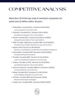 • TheRealReal: Founded 2011. Valuation $9.1B (2021)
Luxury Consignment. Full service sales.
• Poshmark: Founded 2011. Valu...