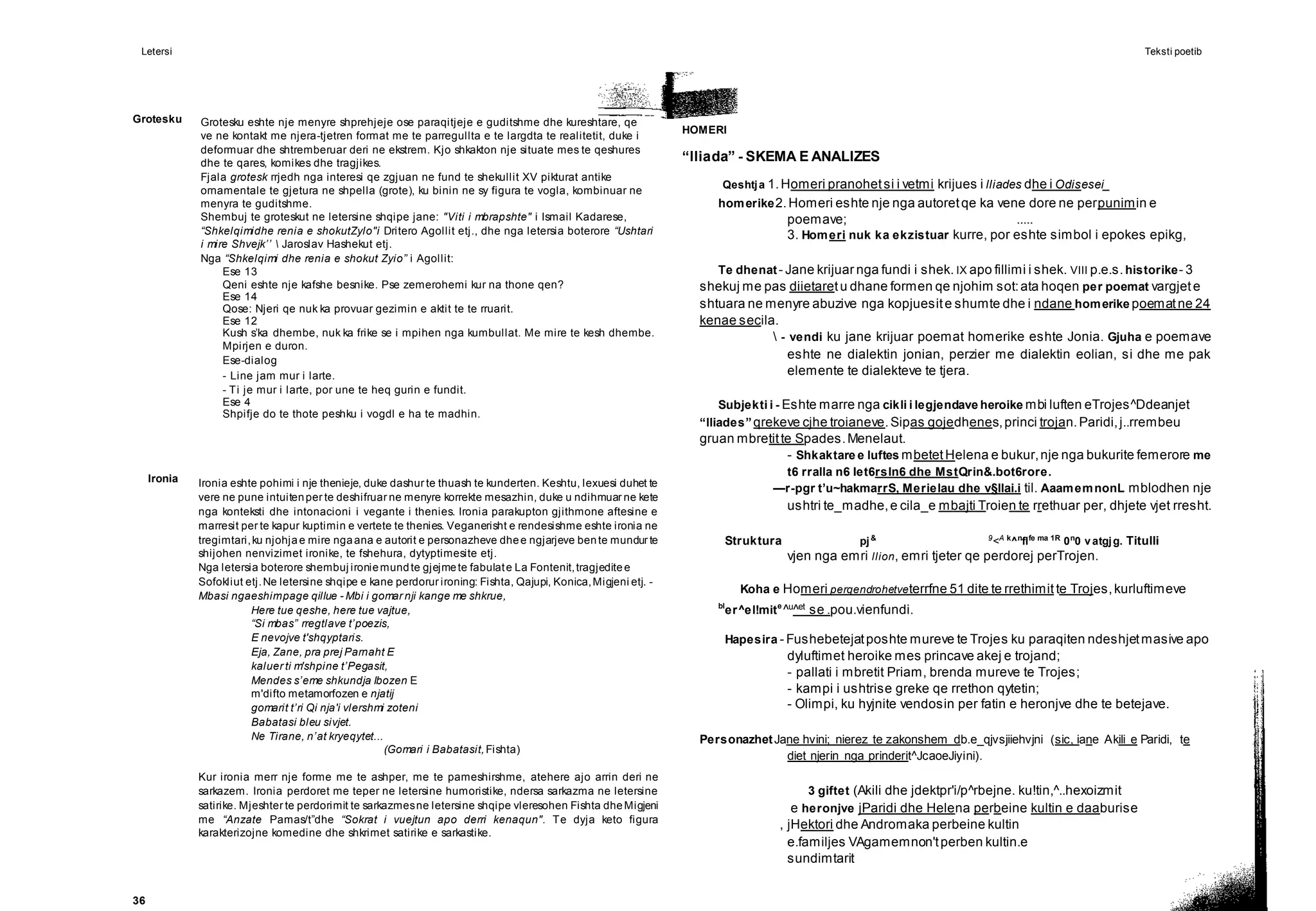 Letersi Teksti poetib
Grotesku
Ironia
36
Grotesku eshte nje menyre shprehjeje ose paraqitjeje e guditshme dhe kureshtare, qe
ve ne kontakt me njera-tjetren format me te parregullta e te largdta te realitetit, duke i
deformuar dhe shtremberuar deri ne ekstrem. Kjo shkakton nje situate mes te qeshures
dhe te qares, komikes dhe tragjikes.
Fjala grotesk rrjedh nga interesi qe zgjuan ne fund te shekullit XV pikturat antike
ornamentale te gjetura ne shpella (grote), ku binin ne sy figura te vogla, kombinuar ne
menyra te guditshme.
Shembuj te groteskut ne letersine shqipe jane: "Viti i mbrapshte" i Ismail Kadarese,
“Shkelqimidhe renia e shokutZylo"i Dritero Agollit etj., dhe nga letersia boterore “Ushtari
i mire Shvejk’’  Jaroslav Hashekut etj.
Nga “Shkelqimi dhe renia e shokut Zyio” i Agollit:
Ese 13
Qeni eshte nje kafshe besnike. Pse zemerohemi kur na thone qen?
Ese 14
Qose: Njeri qe nuk ka provuar gezimin e aktit te te rruarit.
Ese 12
Kush s’ka dhembe, nuk ka frike se i mpihen nga kumbullat. Me mire te kesh dhembe.
Mpirjen e duron.
Ese-dialog
- Line jam mur i larte.
- Ti je mur i larte, por une te heq gurin e fundit.
Ese 4
Shpifje do te thote peshku i vogdl e ha te madhin.
HOMERI
Qeshtja 1.Homeri pranohetsi i vetmi krijues i lliades dhe i Odisesei_
homerike2.Homeri eshte nje nga autoretqe ka vene dore ne perpunimin e
poemave; .....
3. Homeri nuk ka ekzistuar kurre, por eshte simbol i epokes epikg,
Te dhenat- Jane krijuar nga fundi i shek. IX apo fillimi i shek. VIII p.e.s.historike- 3
shekuj me pas diietaretu dhane formen qe njohim sot:ata hoqen per poemat vargjete
shtuara ne menyre abuzive nga kopjuesite shumte dhe i ndane homerike poematne 24
kenae secila.
 - vendi ku jane krijuar poemat homerike eshte Jonia. Gjuha e poemave
eshte ne dialektin jonian, perzier me dialektin eolian, si dhe me pak
elemente te dialekteve te tjera.
Subjekti i - Eshte marre nga cikli i legjendave heroike mbi luften eTrojes^Ddeanjet
“lliades”qrekeve cjhe troianeve.Sipas gojedhenes,princi trojan.Paridi,j..rrembeu
gruan mbretitte Spades.Menelaut.
- Shkaktare e luftes mbetetHelena e bukur,nje nga bukurite femerore me
t6 rralla n6 Iet6rsln6 dhe MstQrin&.bot6rore.
—r-pgr t’u~hakmarrS, Merielau dhe v§llai.i til. AaamemnonL mblodhen nje
ushtri te_madhe,e cila_e mbajti Troien te rrethuar per, dhjete vjet rresht.
Struktura pj& 9
<A k
^n
flfe ma 1R
0n
0 vatgjg. Titulli
vjen nga emri llion, emri tjeter qe perdorej perTrojen.
Koha e Homeri perqendrohetveterrfne 51 dite te rrethimit te Trojes,kurluftimeve
bl
er^el!mite
^u
^et
se .pou.vienfundi.
Hapesira - Fushebetejatposhte mureve te Trojes ku paraqiten ndeshjetmasive apo
dyluftimet heroike mes princave akej e trojand;
- pallati i mbretit Priam, brenda mureve te Trojes;
- kampi i ushtrise greke qe rrethon qytetin;
- Olimpi, ku hyjnite vendosin per fatin e heronjve dhe te betejave.
PersonazhetJane hvini; nierez te zakonshem db.e_qjvsjiiehvjni (sic, iane Akili e Paridi, te
diet njerin nga prinderit^JcaoeJiyini).
3 giftet (Akili dhe jdektpr'i/p^rbejne. ku!tin,^..hexoizmit
e heronjve jParidi dhe Helena perbeine kultin e daaburise
, jHektori dhe Andromaka perbeine kultin
e.familjes VAgamemnon'tperben kultin.e
sundimtarit
“lliada” - SKEMA E ANALIZES
Ironia eshte pohimi i nje thenieje, duke dashur te thuash te kunderten. Keshtu, lexuesi duhet te
vere ne pune intuitenper te deshifruar ne menyre korrekte mesazhin, duke u ndihmuar ne kete
nga konteksti dhe intonacioni i vegante i thenies. Ironia parakupton gjithmone aftesine e
marresit per te kapur kuptimin e vertete te thenies. Veganerisht e rendesishme eshte ironia ne
tregimtari,ku njohjae mire ngaana e autorit e personazheve dhee ngjarjeve bente mundur te
shijohen nenvizimet ironike, te fshehura, dytyptimesite etj.
Nga letersia boterore shembuj ironiemundte gjejmete fabulate La Fontenit,tragjeditee
Sofokliut etj.Ne letersine shqipe e kane perdorur ironing: Fishta, Qajupi, Konica,Migjeni etj. -
Mbasi ngaeshimpage qillue - Mbi i gomar nji kange me shkrue,
Here tue qeshe, here tue vajtue,
“Si mbas” rregtlave t’poezis,
E nevojve t'shqyptaris.
Eja, Zane, pra prej Parnaht E
kaluer ti m'shpine t’Pegasit,
Mendes s’eme shkundja Ibozen E
m'difto metamorfozen e njatij
gomarit t’ri Qi nja'i vlershmi zoteni
Babatasi bleu sivjet.
Ne Tirane, n’at kryeqytet...
(Gomari i Babatasit,Fishta)
Kur ironia merr nje forme me te ashper, me te pameshirshme, atehere ajo arrin deri ne
sarkazem. Ironia perdoret me teper ne letersine humoristike, ndersa sarkazma ne letersine
satirike. Mjeshter te perdorimit te sarkazmesne letersine shqipe vleresohen Fishta dheMigjeni
me “Anzate Pamas/t”dhe “Sokrat i vuejtun apo derri kenaqun". Te dyja keto figura
karakterizojne komedine dhe shkrimet satirike e sarkastike.
 